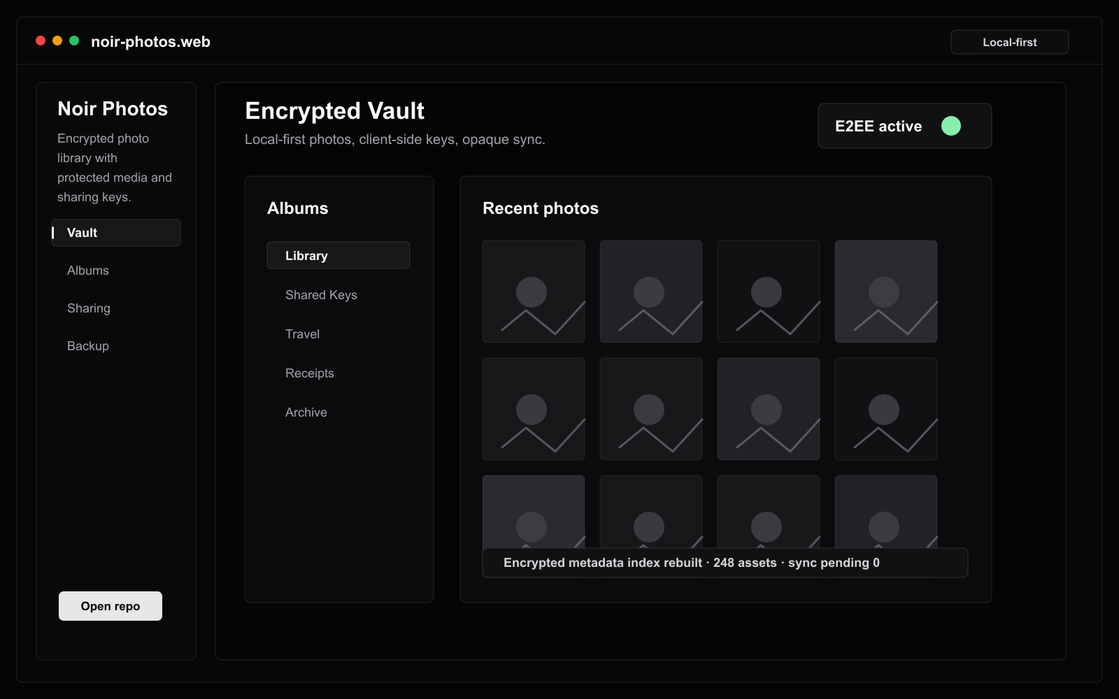 Noir Photos spotlight screenshot showing a dark encrypted photo vault with albums, protected media grid, and sync status.